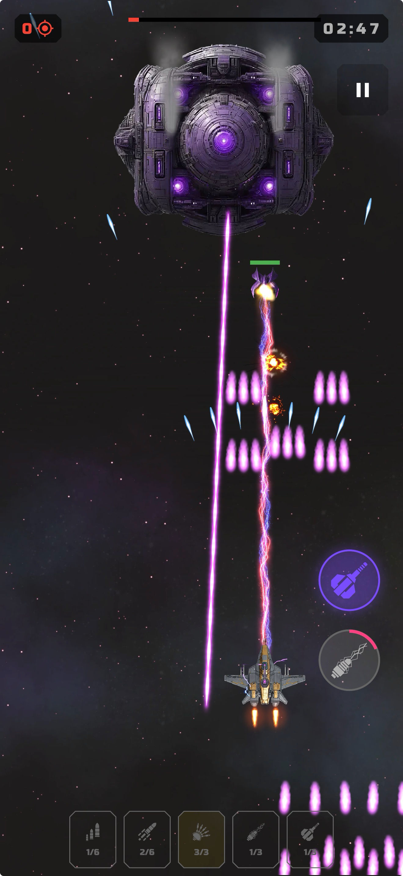 Boss fight against a massive purple dreadnought