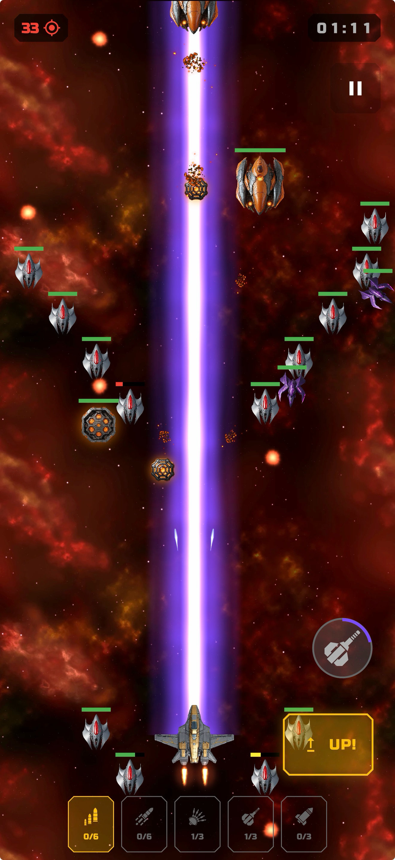 Dodging enemy fire while unleashing a lightning weapon on a wave of ships