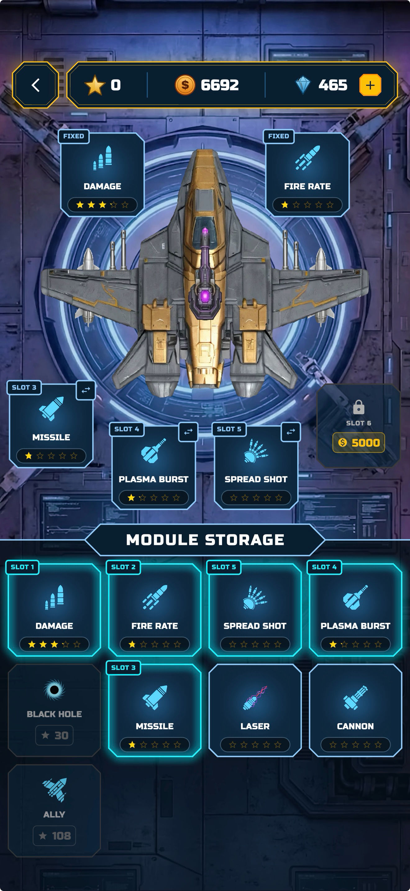 Hangar screen for upgrading ship modules